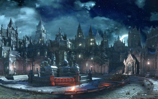 4K Ultra HD Dark Souls III PC wallpaper showcasing a dark, gothic cityscape under a starry, moonlit sky with intricate architecture and eerie ambiance.