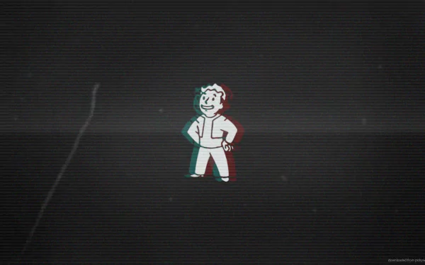 HD PC desktop wallpaper featuring Vault Boy from the video game Fallout with a glitch effect on a dark textured background.