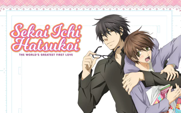 Sekaiichi Hatsukoi anime 2K Quad HD PC wallpaper: Masamune Takano embraces Ritsu Onodera in a sweet, romantic studio-style illustration with the series title text.