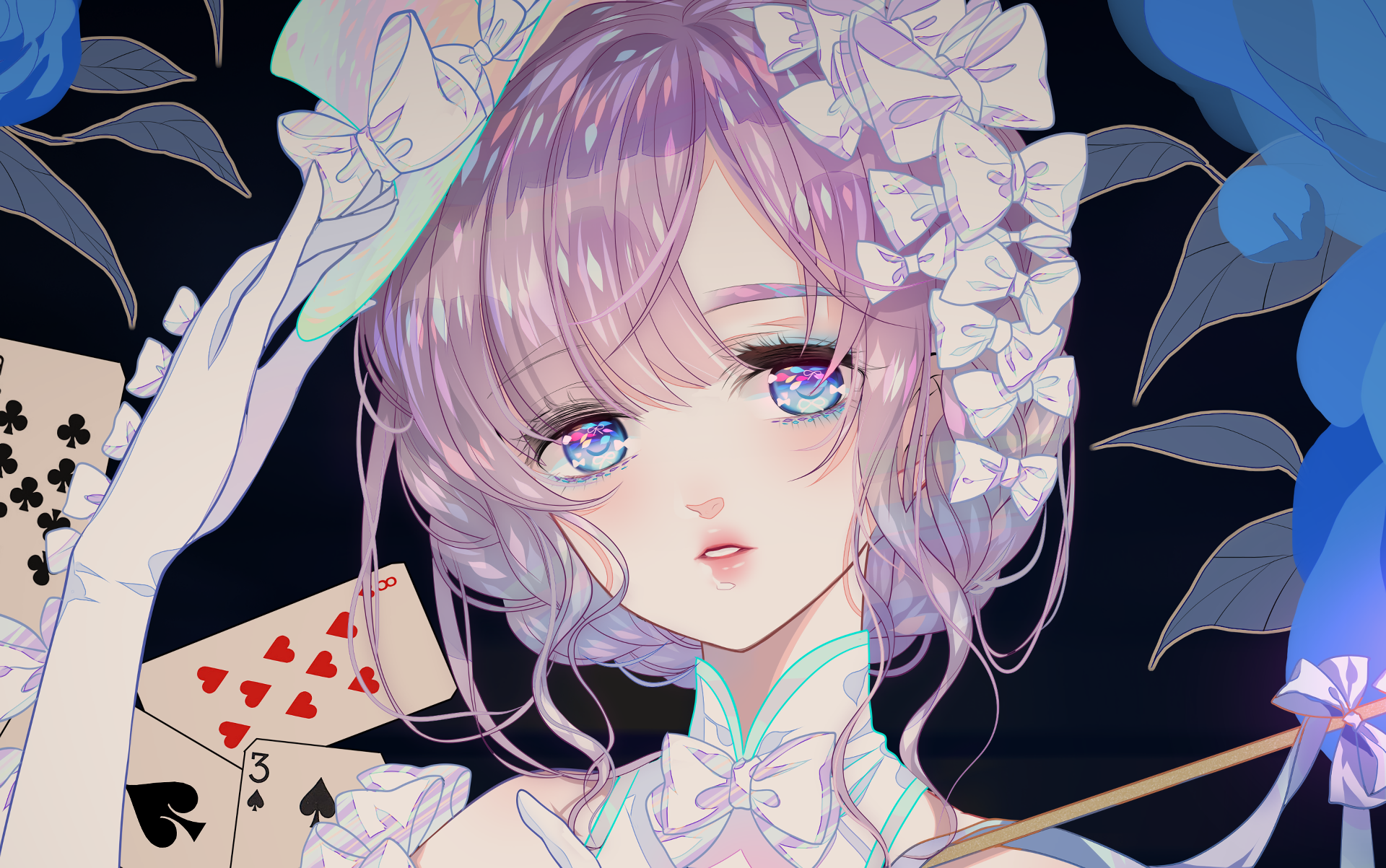 HD PC desktop wallpaper featuring an original anime-style character with pastel purple hair, blue eyes, and intricate floral and playing card elements in the background.