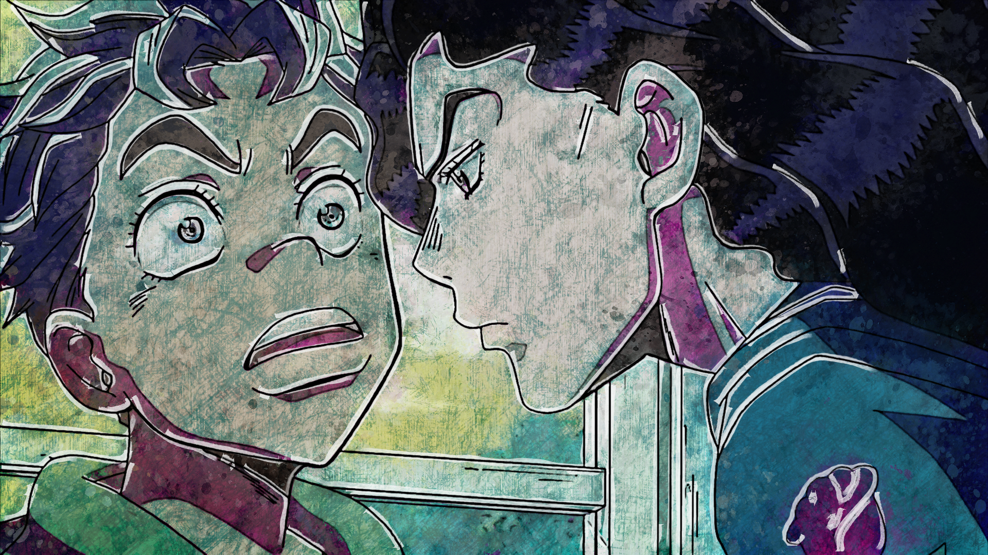 HD PC desktop wallpaper of Koichi Hirose and Yukako Yamagishi from JoJo's Bizarre Adventure: Yukako leans close to a surprised Koichi by a window, vivid anime colors and textured shading.