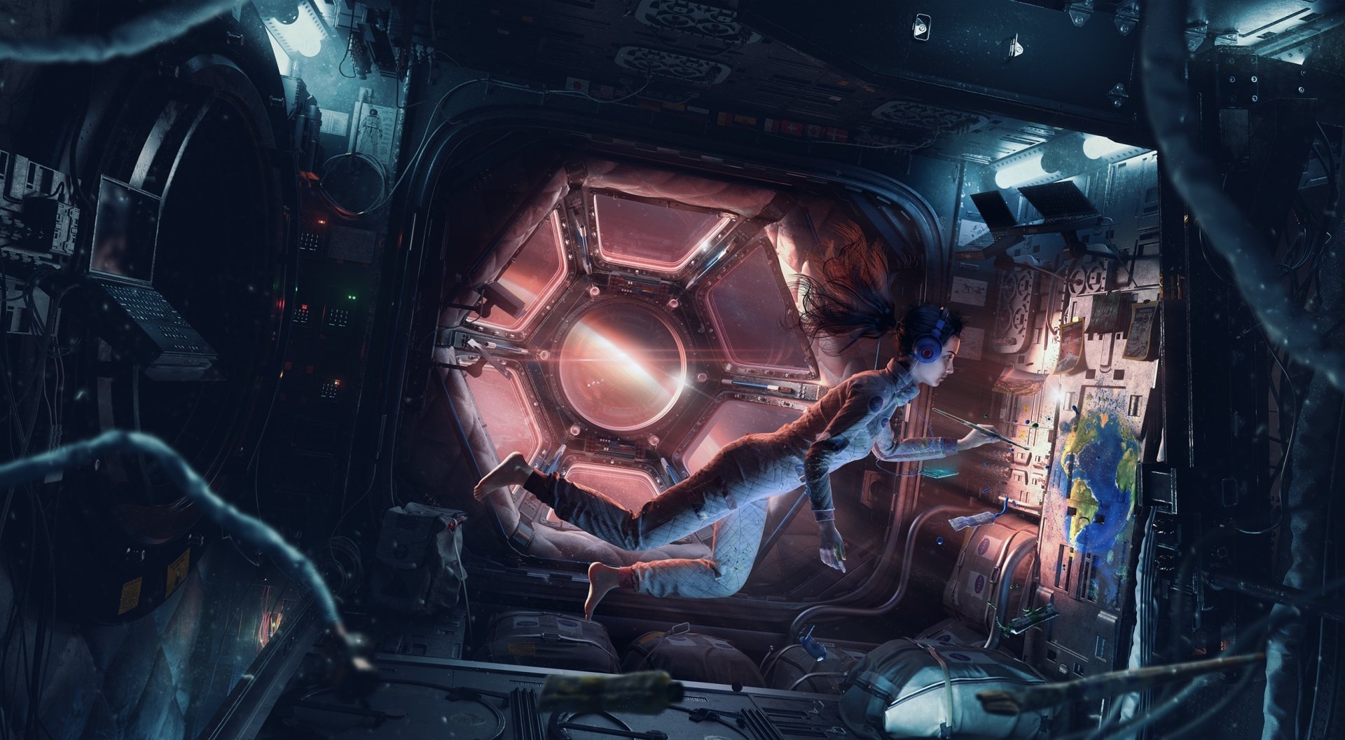 A sci-fi HD desktop wallpaper of a black-haired astronaut with a ponytail and headphones floating inside a space shuttle, illuminated by a glowing circular window.