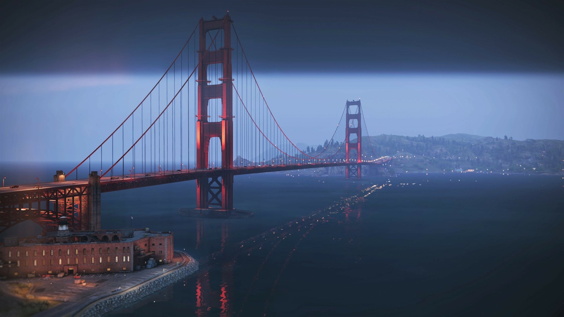 Watch Dogs 2 video game–style 4K Ultra HD PC desktop wallpaper of the Golden Gate Bridge at dusk, moody cinematic lighting over the bay.