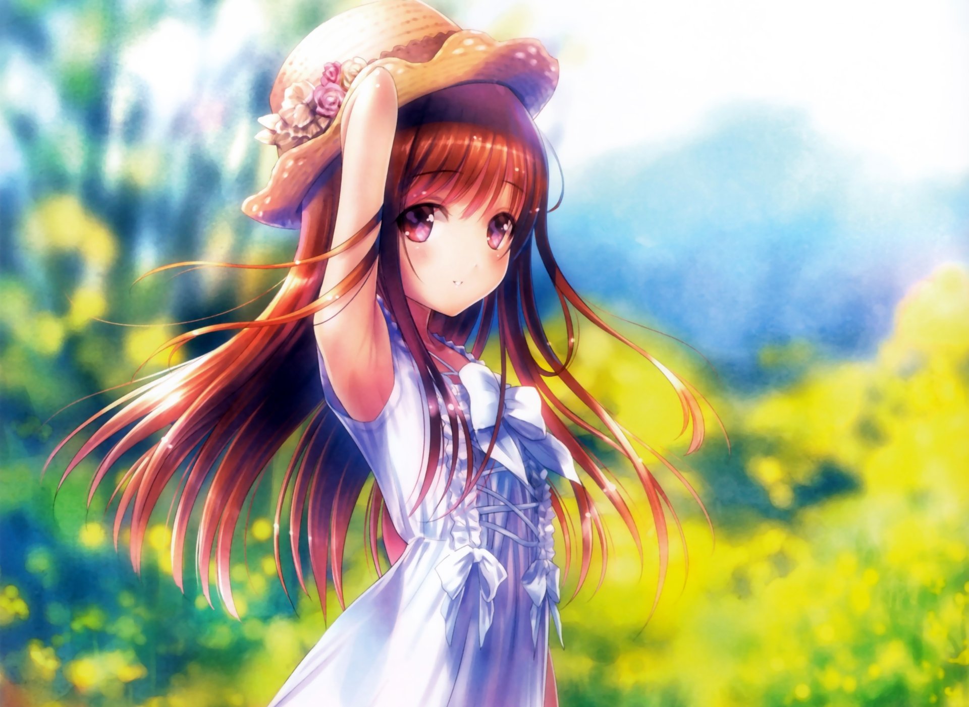 Anime original artwork of a girl with blush wearing a white dress, bow, and hat, set against a vivid, sunlit outdoor background in 4K Ultra HD.