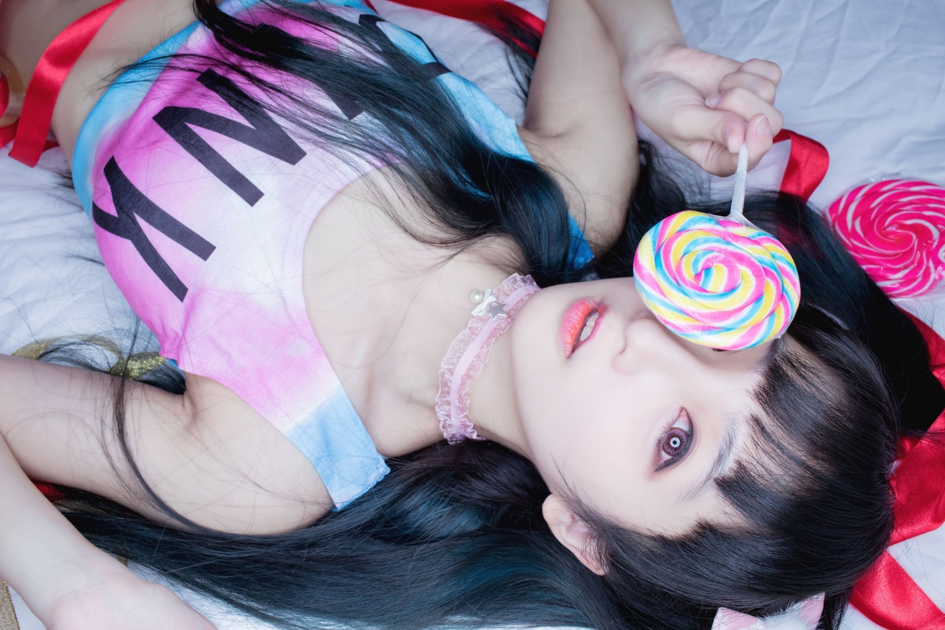 Download Lollipop Purple Eyes Brunette Model Woman Asian  HD Wallpaper