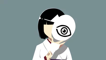 Minimalist HD wallpaper featuring Nora from Noragami. The anime character with black hair holds a mask with an eye symbol against a simple, muted background.
