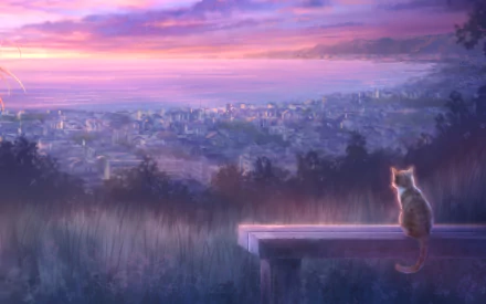HD anime desktop wallpaper from Narcissu, featuring a cat sitting on a bench overlooking a softly lit cityscape at sunset.