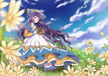 Tomoyo Daidouji from Cardcaptor Sakura stands in a flowing dress among daisies beneath a vivid blue sky — 2K Quad HD PC desktop wallpaper/background.