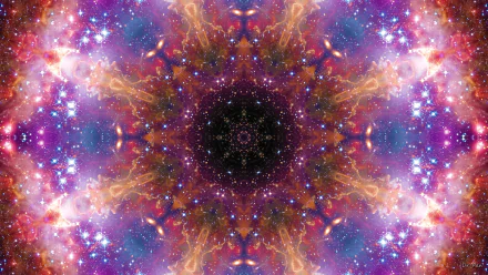 A vibrant purple abstract mandala with cosmic and space elements, forming a symmetrical, intricate pattern for an HD PC desktop wallpaper background.