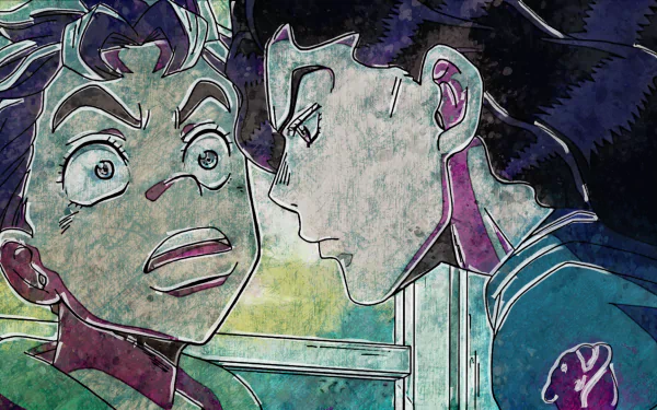 HD PC desktop wallpaper of Koichi Hirose and Yukako Yamagishi from JoJo's Bizarre Adventure: Yukako leans close to a surprised Koichi by a window, vivid anime colors and textured shading.
