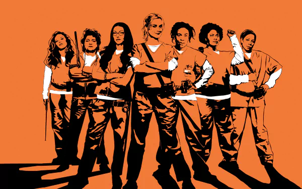 HD desktop wallpaper and background featuring characters from the TV show Orange Is the New Black standing together against an orange backdrop.