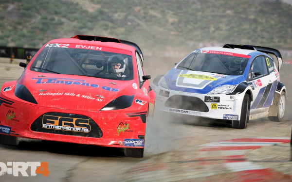 HD desktop wallpaper featuring two rally cars racing in Dirt 4, kicking up dirt on an off-road track.