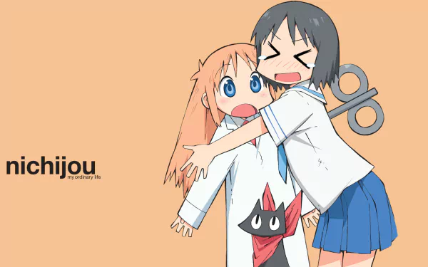 Anime-style HD PC desktop wallpaper featuring Sakamoto, Nano Shinonome, and Hakase from Nichijō, with a bright pastel background and playful character interaction.