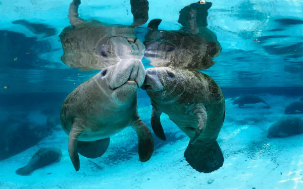 HD underwater wallpaper featuring two manatees swimming calmly in clear blue sea water, showcasing serene sea life in vibrant detail.