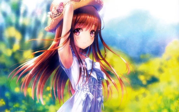Anime original artwork of a girl with blush wearing a white dress, bow, and hat, set against a vivid, sunlit outdoor background in 4K Ultra HD.