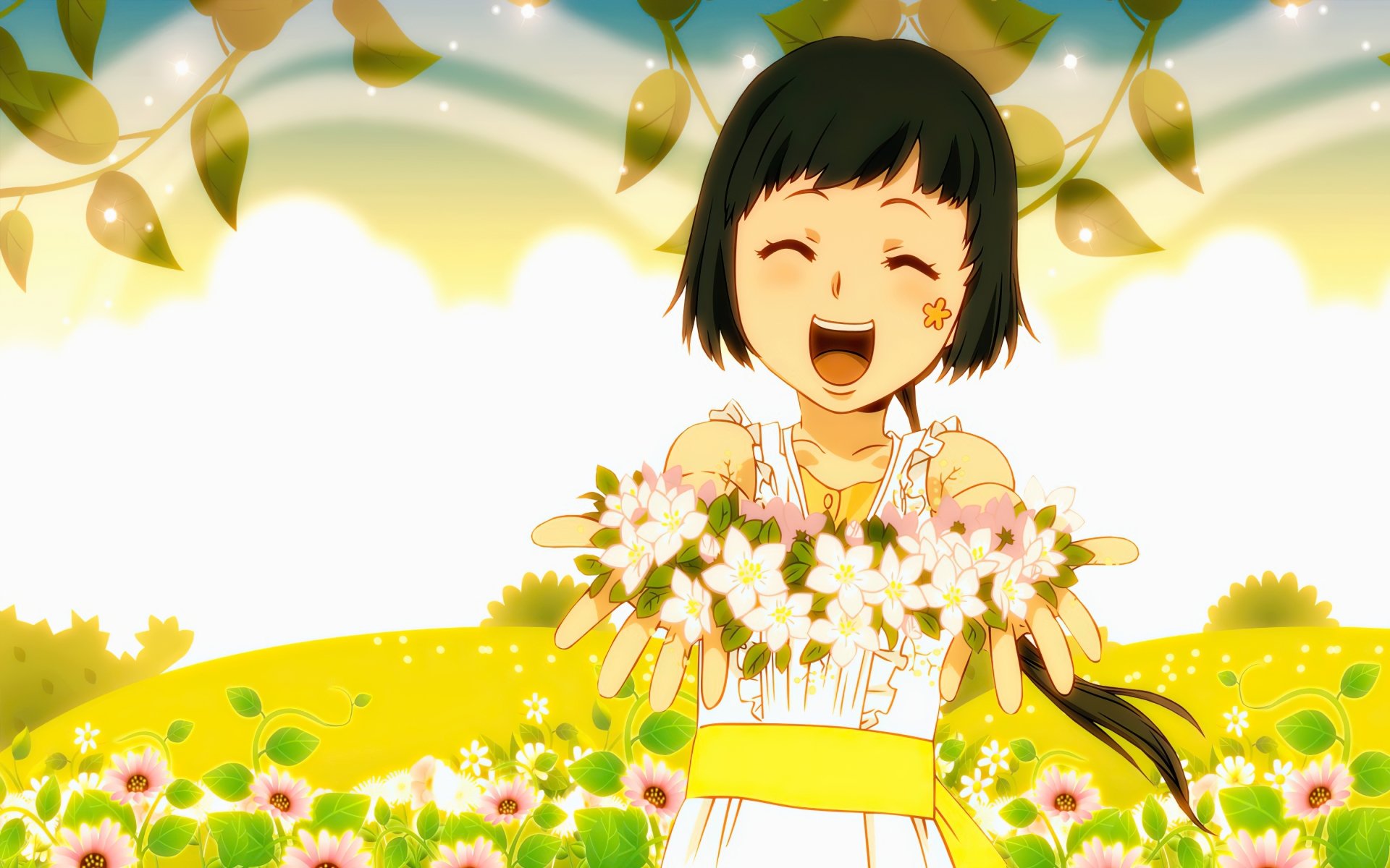 Katekyō Hitman Reborn! anime 2K Quad HD PC wallpaper: smiling girl with short black hair in a yellow dress holds a bouquet of white flowers in a sunlit, flower-filled meadow.