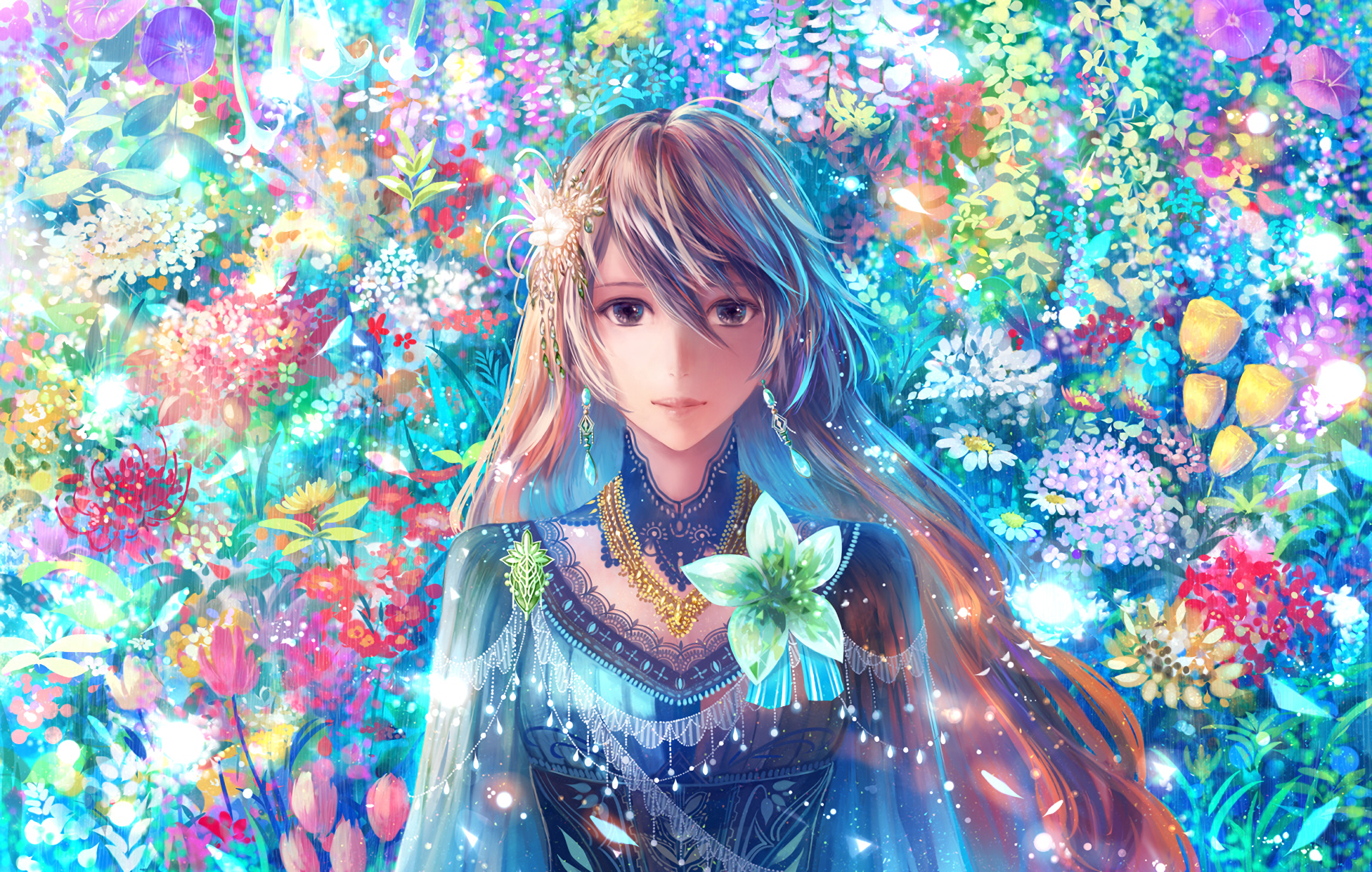 An anime character with long brown hair and earrings stands amidst a colorful, vibrant floral background. She wears a petal-themed outfit, enhancing the HD desktop wallpaper's enchanting appeal.