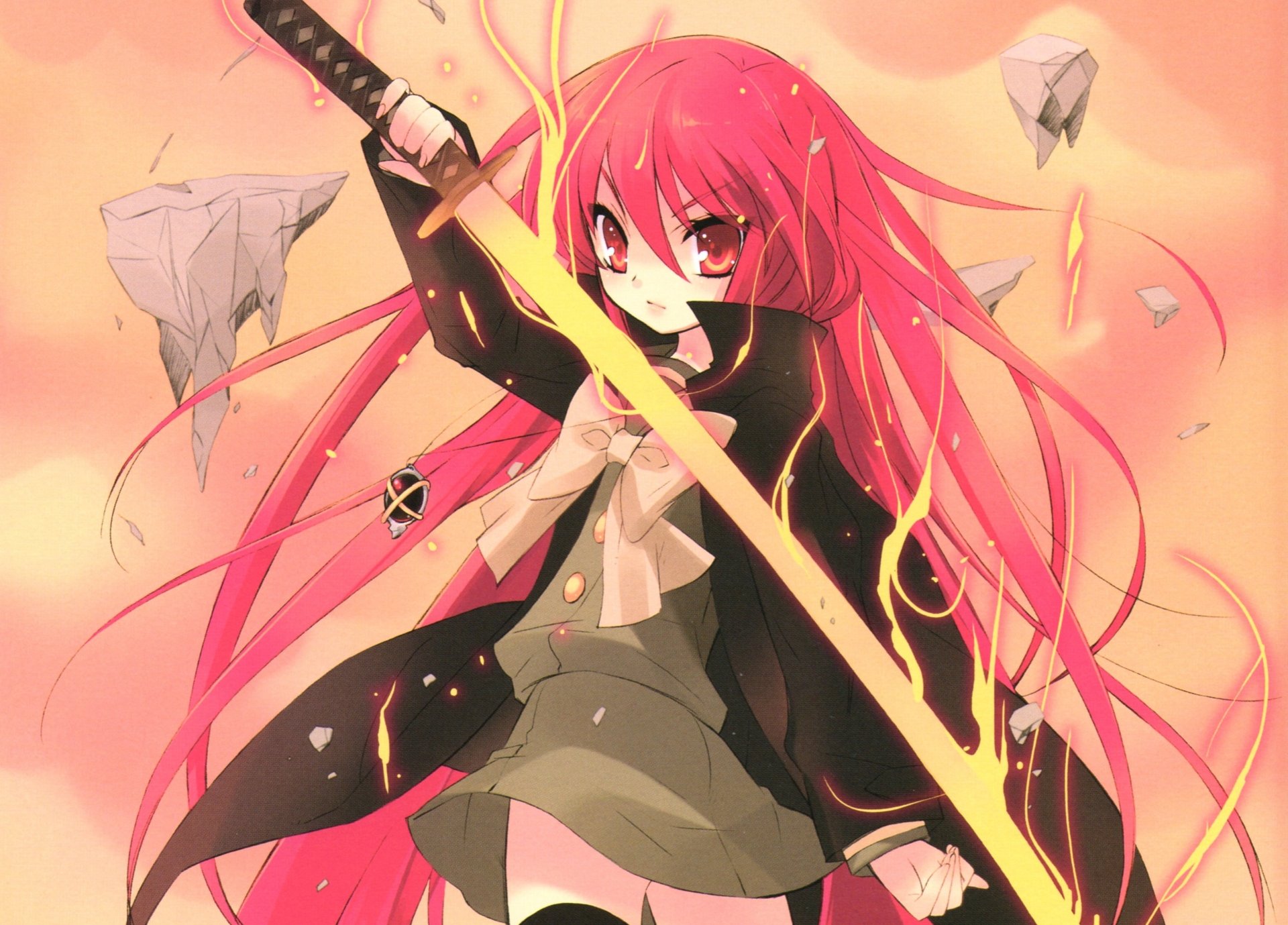 Shana (Shakugan No Shana) anime: dynamic pose with flaming sword, flowing pink hair and school uniform — 4K Ultra HD PC desktop wallpaper/background.