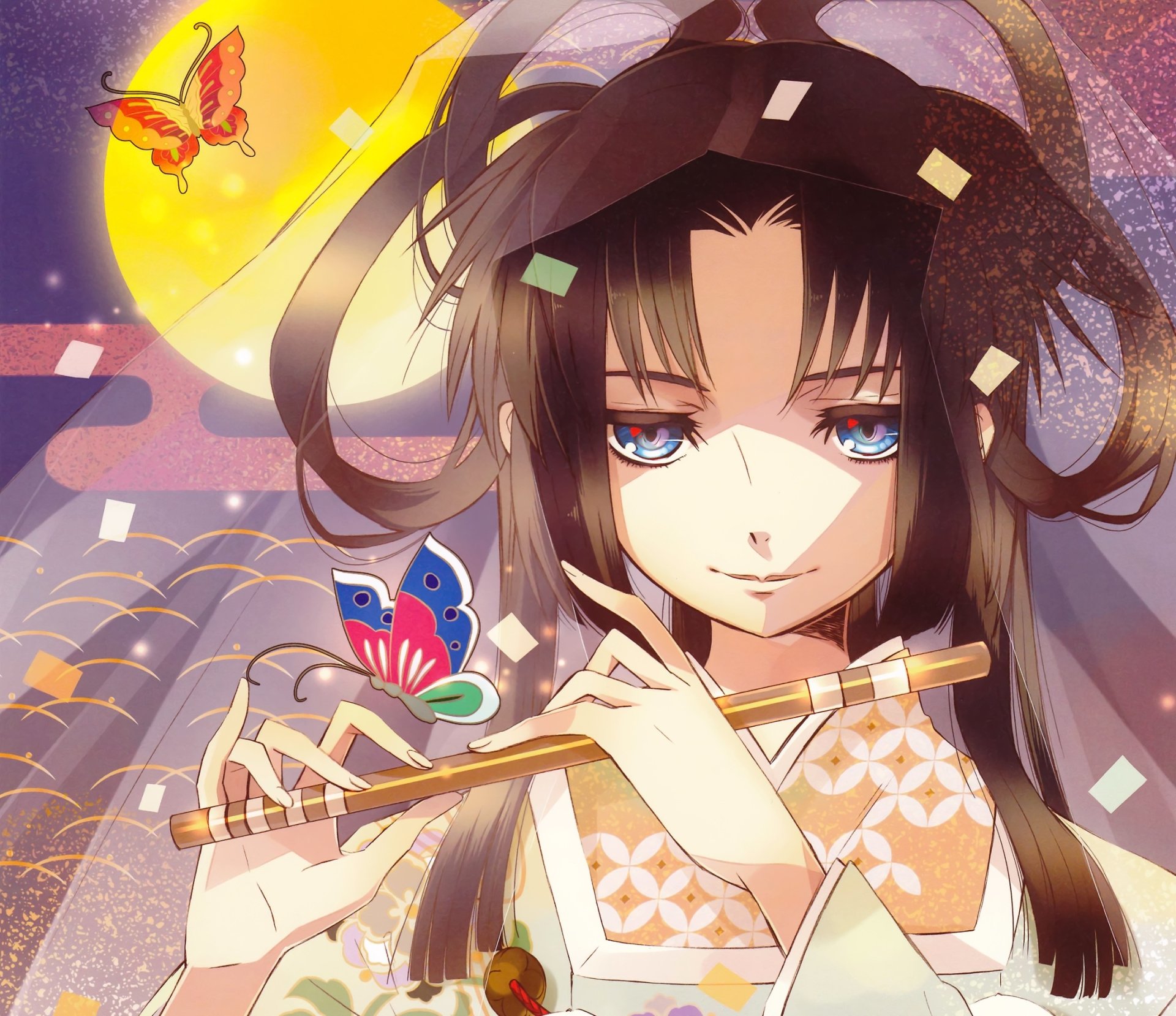 Anime original HD PC desktop wallpaper: long-haired girl with blue eyes and a veil plays a flute while a colorful butterfly flutters nearby.
