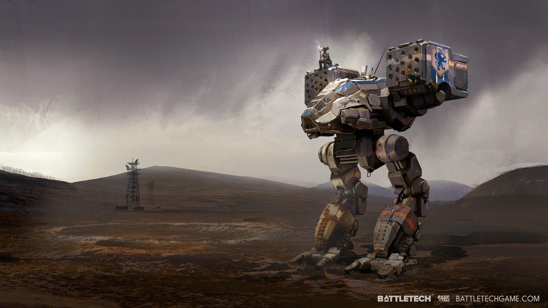 HD desktop wallpaper featuring a Battletech robot traversing a desert-like landscape with stormy skies overhead.
