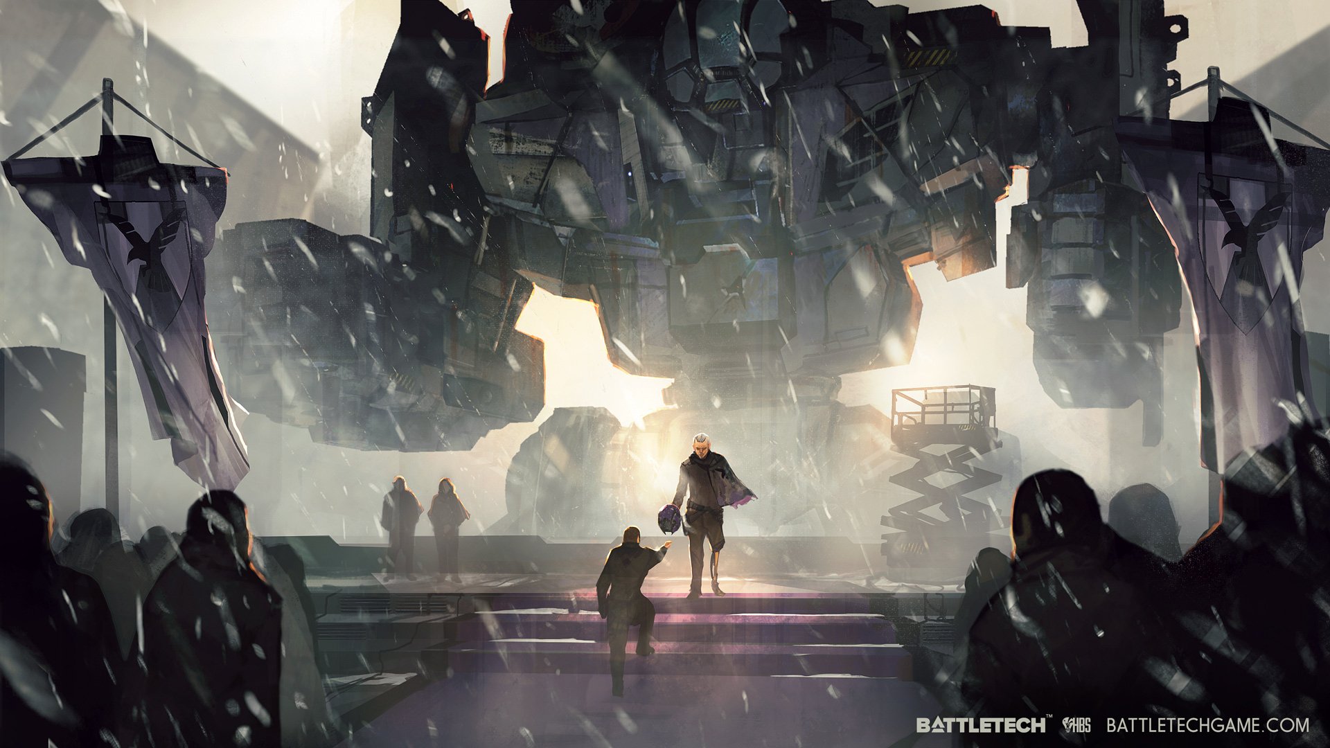 HD Battletech desktop wallpaper featuring a giant mech towering over soldiers in a moody, sci-fi setting.