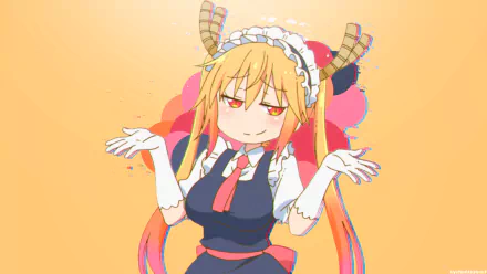 HD desktop wallpaper featuring Tohru from the anime Miss Kobayashi's Dragon Maid, looking nonchalant with a smug expression against a colorful background.