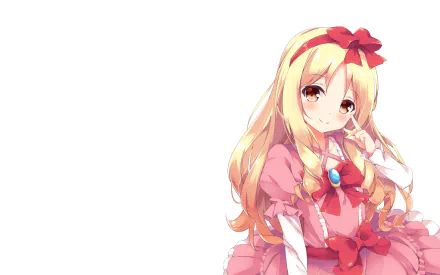 HD desktop wallpaper featuring Elf Yamada from the anime EroManga-Sensei. Elf, with long blonde hair and dressed in a pink frilly dress with a red bow, smiles against a white background.