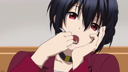 HD anime desktop wallpaper featuring Tōka Takanashi from Love Chunibyo & Other Delusions with dark hair and red eyes, resting her head on her hand.
