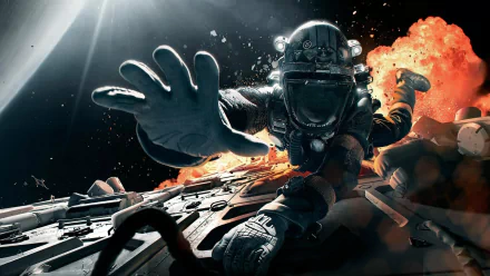 HD PC desktop wallpaper featuring an astronaut in a dramatic scene from the TV show The Expanse, reaching out amid space debris and an explosion.