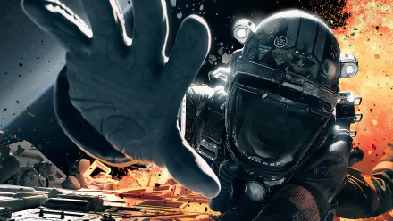Close-up of a suited crew member from TV show The Expanse reaching toward the viewer through floating debris and fire, 2K Quad HD PC desktop wallpaper/background.