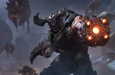 HD PC desktop wallpaper featuring the Cyberdemon from Doom (2016), a dark, horned warrior creature wielding a glowing weapon in a menacing video game scene.