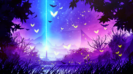 A fantasy landscape with a lake, glowing fireflies, and a beam of light in a blue and purple sky. A mysterious building stands in the distance, surrounded by mystical elements. HD desktop wallpaper.