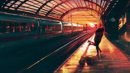 Artistic HD desktop wallpaper of a couple in a loving embrace at a train station during a vibrant sunset. A train is approaching, reflecting the warm sunset hues on the station platform.