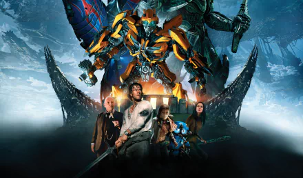 HD desktop wallpaper featuring Isabela Merced, Gemma Chan, Anthony Hopkins, Mark Wahlberg, and Bumblebee from the movie Transformers: The Last Knight. The characters stand against a dramatic background.