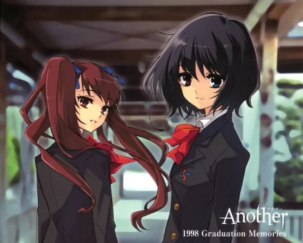 HD anime desktop wallpaper featuring Izumi Akazawa and Mei Misaki from the series Another in school uniforms with red ribbons and dark backgrounds.