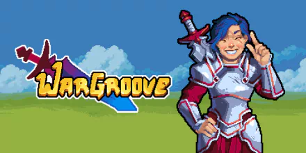 HD desktop wallpaper featuring a cheerful character from Wargroove with the game's logo against a blue sky background.