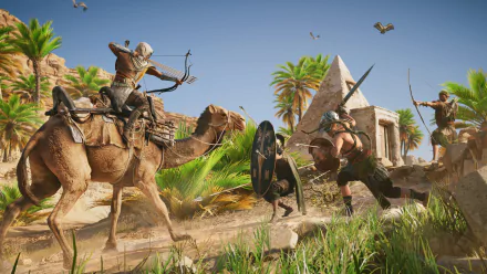 HD wallpaper of Bayek Of Siwa from Assassin's Creed Origins, depicted in a desert scene with combatants, camel, and Egyptian architecture in the background.