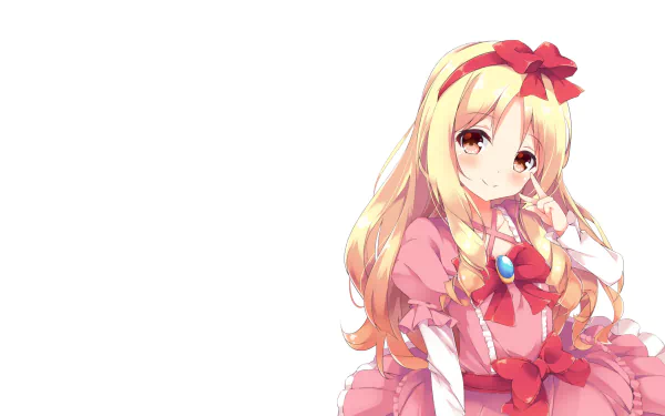 HD desktop wallpaper featuring Elf Yamada from the anime EroManga-Sensei. Elf, with long blonde hair and dressed in a pink frilly dress with a red bow, smiles against a white background.
