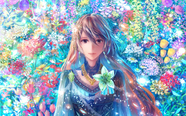 An anime character with long brown hair and earrings stands amidst a colorful, vibrant floral background. She wears a petal-themed outfit, enhancing the HD desktop wallpaper's enchanting appeal.