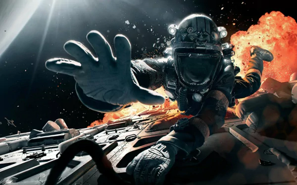 HD PC desktop wallpaper featuring an astronaut in a dramatic scene from the TV show The Expanse, reaching out amid space debris and an explosion.