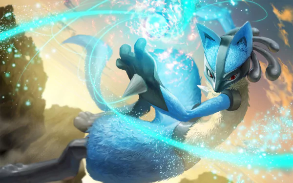 HD desktop wallpaper featuring Lucario, a Pokémon from the anime series. Lucario is dynamically posed with glowing blue energy against a scenic background.