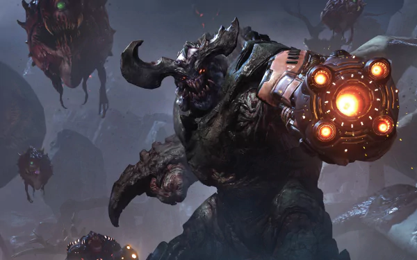 Cyberdemon (Doom) horns dark weapon creature warrior video game Doom (2016) Dark Gaming HD Desktop Wallpaper | Background Image