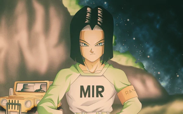 HD desktop wallpaper featuring Android 17 from Dragon Ball Super. The character stands confidently in front of a rugged terrain with an SUV in the background, wearing a MIR shirt and green sleeves.