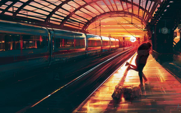 Artistic HD desktop wallpaper of a couple in a loving embrace at a train station during a vibrant sunset. A train is approaching, reflecting the warm sunset hues on the station platform.