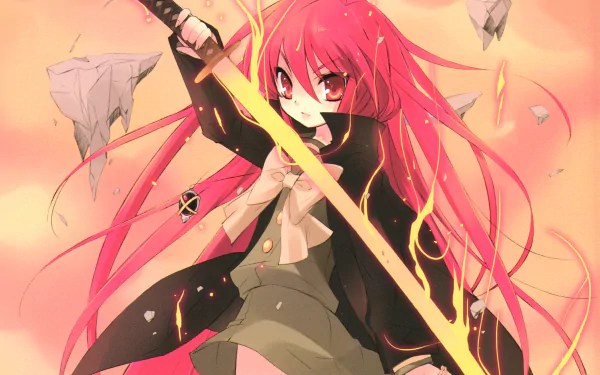 Shana (Shakugan No Shana) anime: dynamic pose with flaming sword, flowing pink hair and school uniform — 4K Ultra HD PC desktop wallpaper/background.