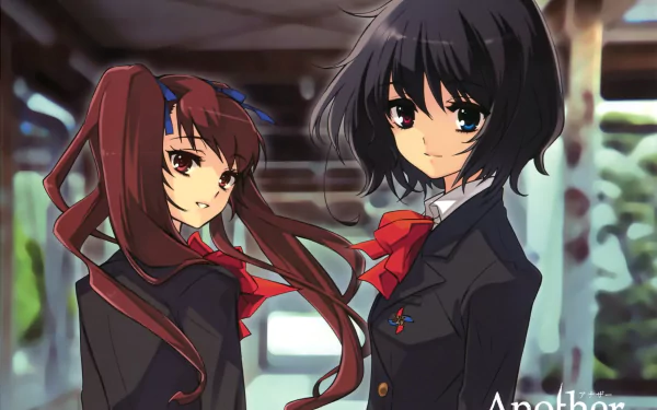 HD anime desktop wallpaper featuring Izumi Akazawa and Mei Misaki from the series Another in school uniforms with red ribbons and dark backgrounds.