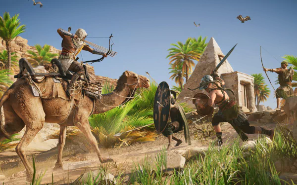 HD wallpaper of Bayek Of Siwa from Assassin's Creed Origins, depicted in a desert scene with combatants, camel, and Egyptian architecture in the background.