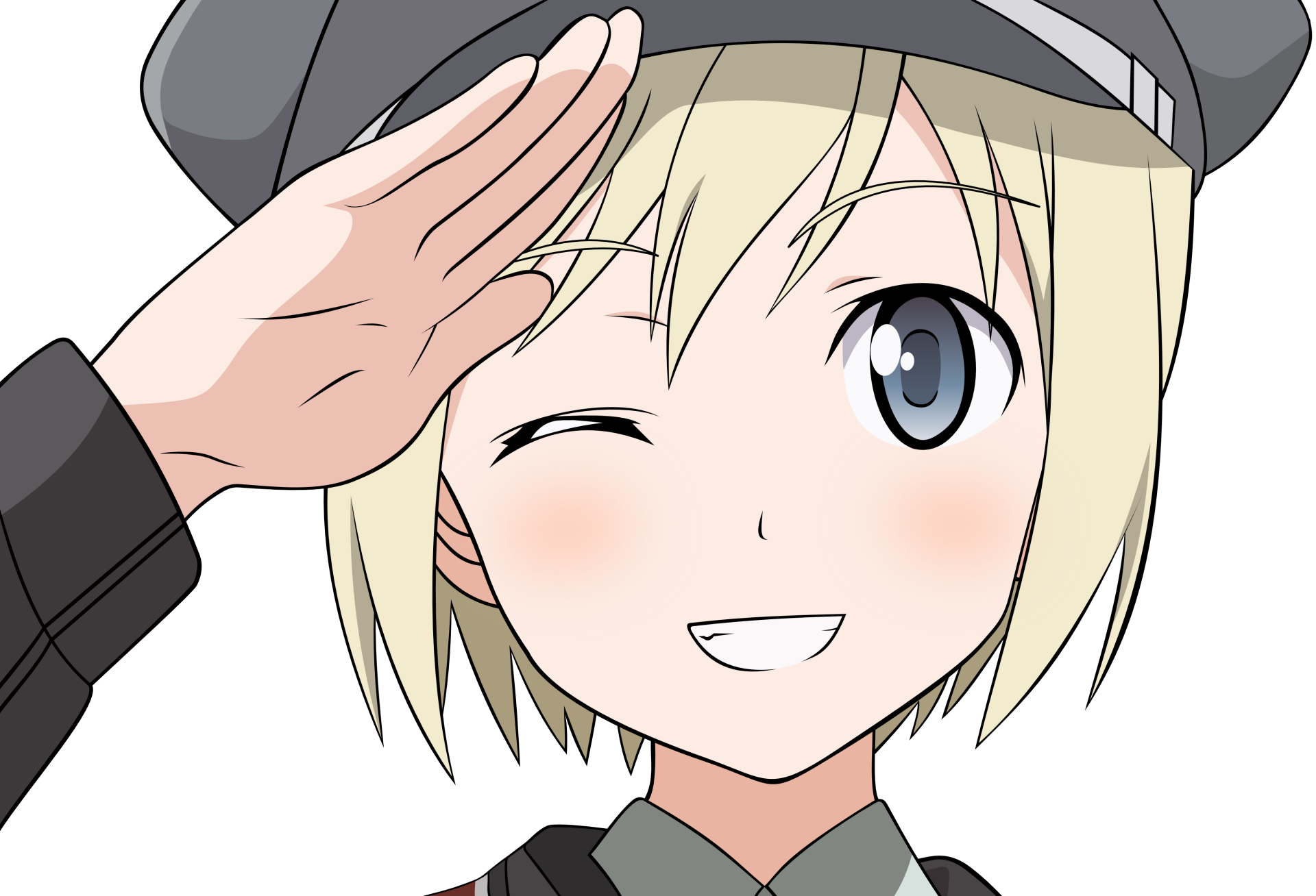 Anime-style character from Strike Witches saluting with a wink, designed as a vibrant 4K Ultra HD PC desktop wallpaper and background.
