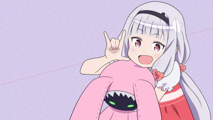 HD anime desktop wallpaper featuring Kate Hoshimiya from Sekai Seifuku, smiling and holding a pink plush with a light purple background.