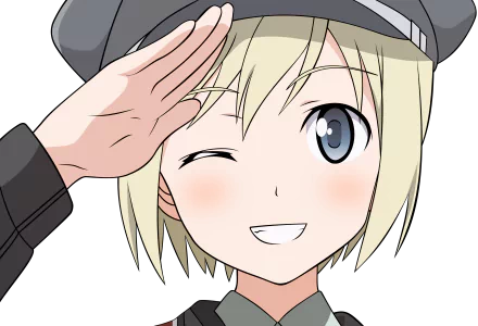 Anime-style character from Strike Witches saluting with a wink, designed as a vibrant 4K Ultra HD PC desktop wallpaper and background.